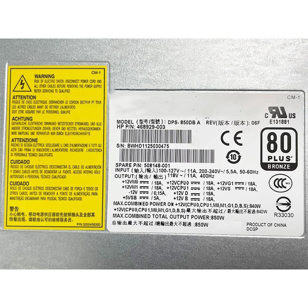 For HP Z800 468929-004 DPS-850DB A 850W 80 Plus Bronze Power Supply