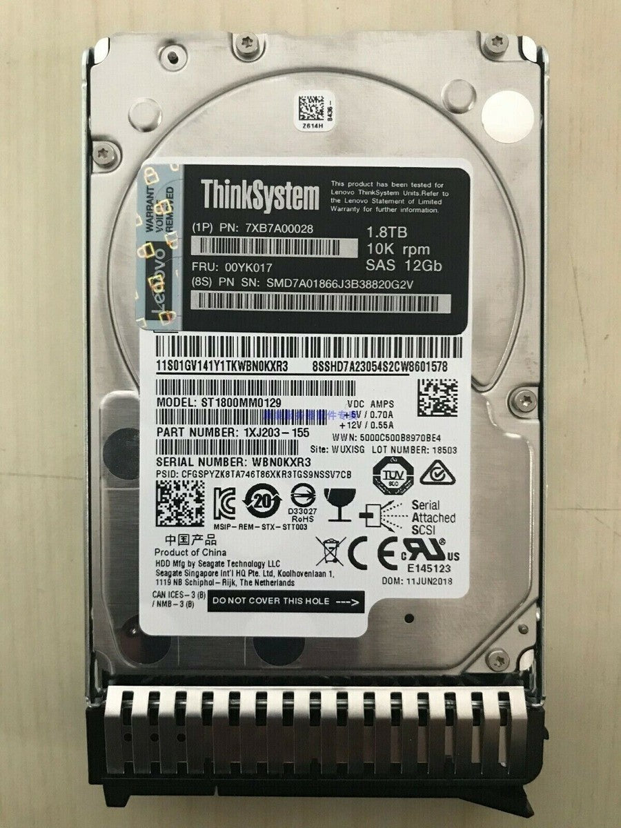 NEW Lenovo 00YK017 7XB7A00028 2.5" 1.8TB 10K SAS 12G Hot Swap HARD DRIVE US