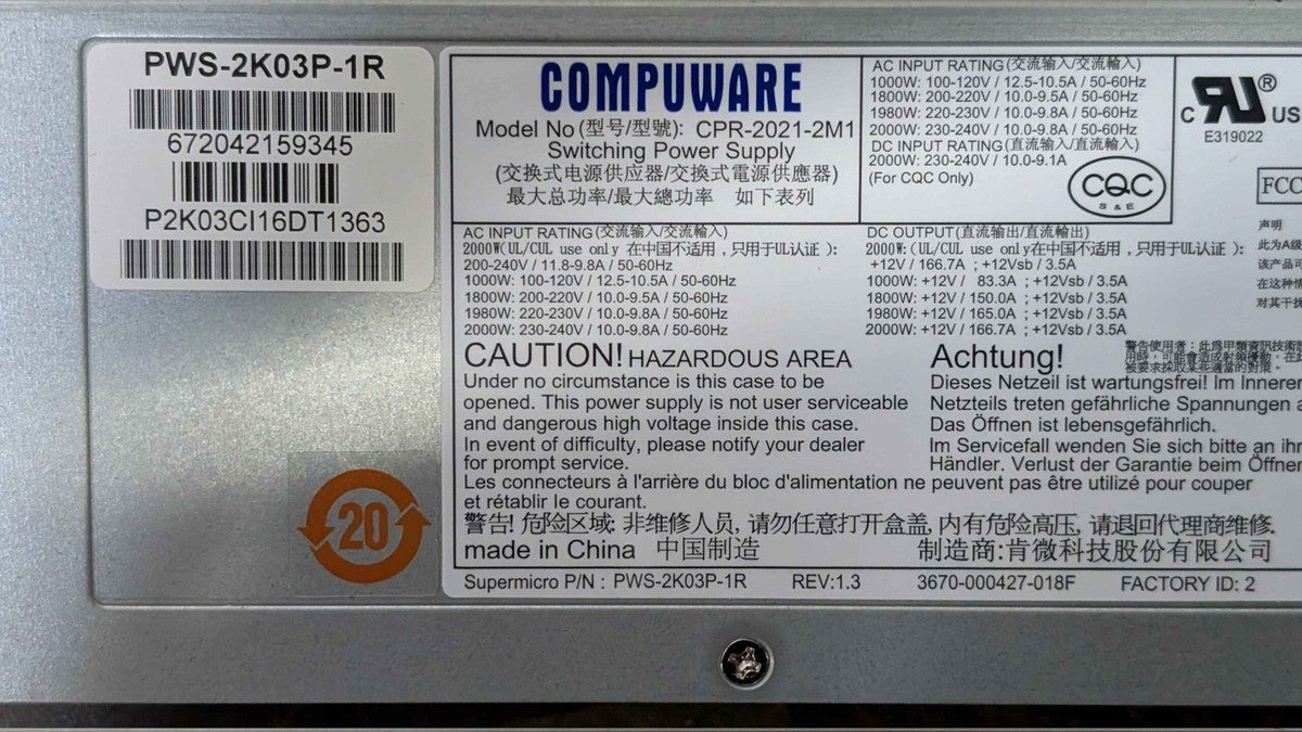 SuperMicro PWS-2K03P-1R 2000W 1U Redundant Power Supply|376595203742