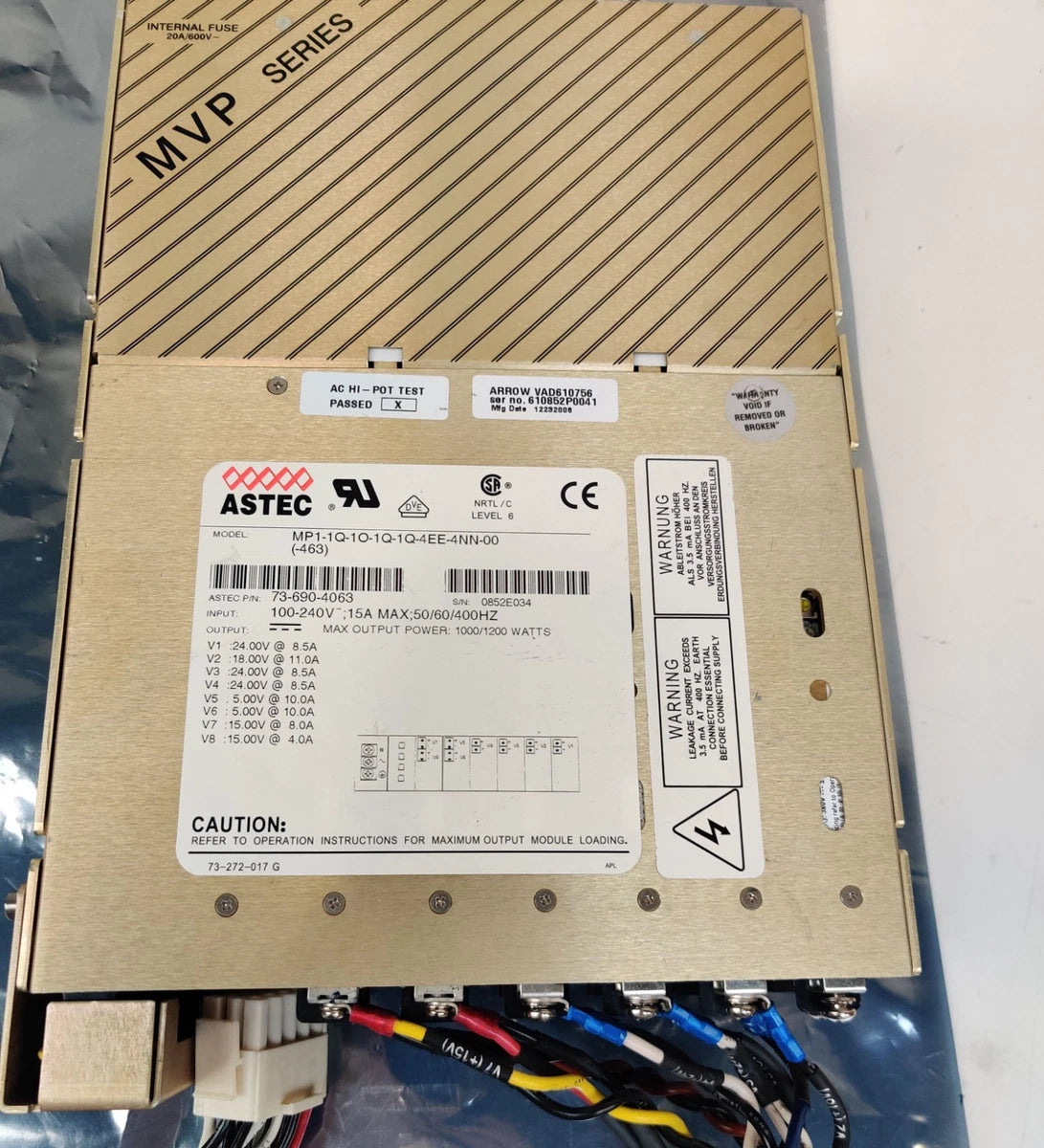 Astec MVP MP1 Power Supply 1000-1200W, 24V 18V 15V 5V 100/240V In Up to 400Hz
