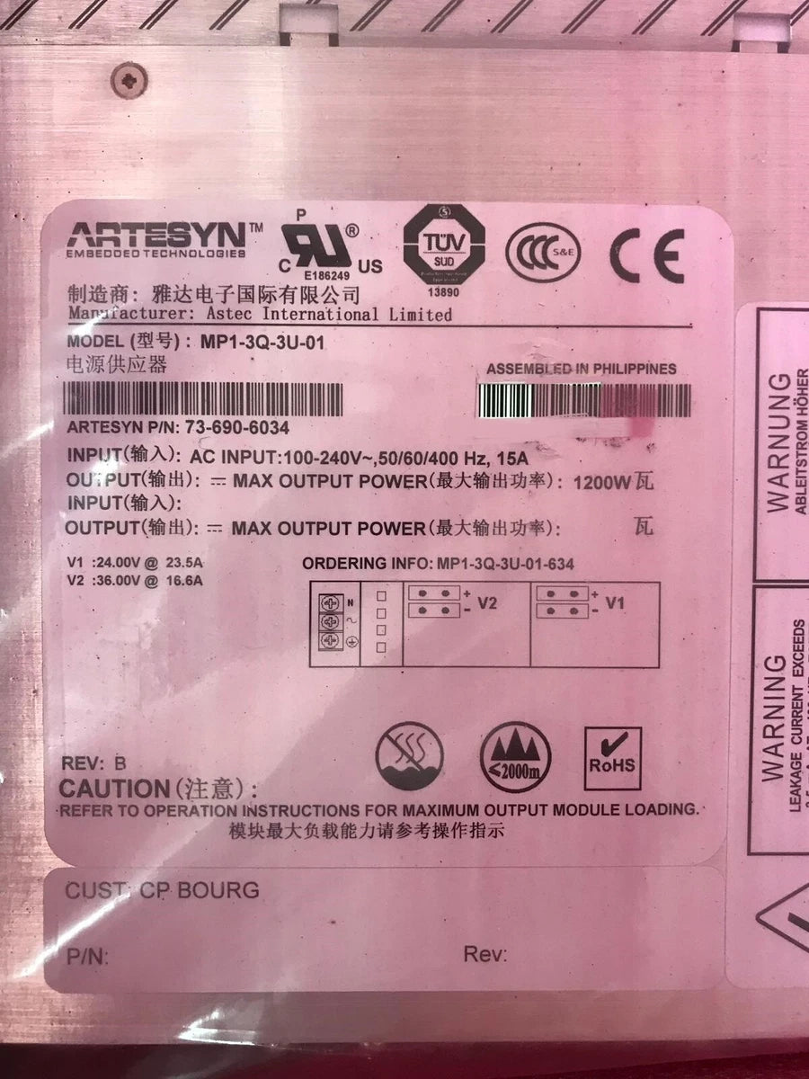 ASTEC ARTESYN POWER SUPPLY 1200W MP1-3Q-3U-01 73-690-6034 MVP SERIES