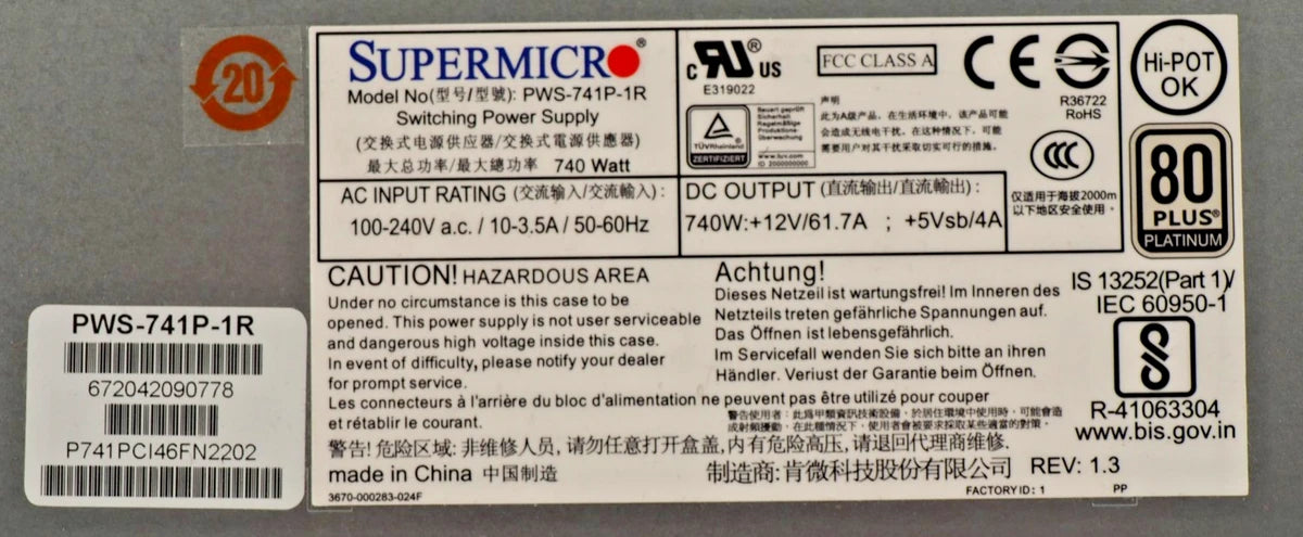 SuperMicro PWS-741P-1R 740W Switching Power Supply|157560912962