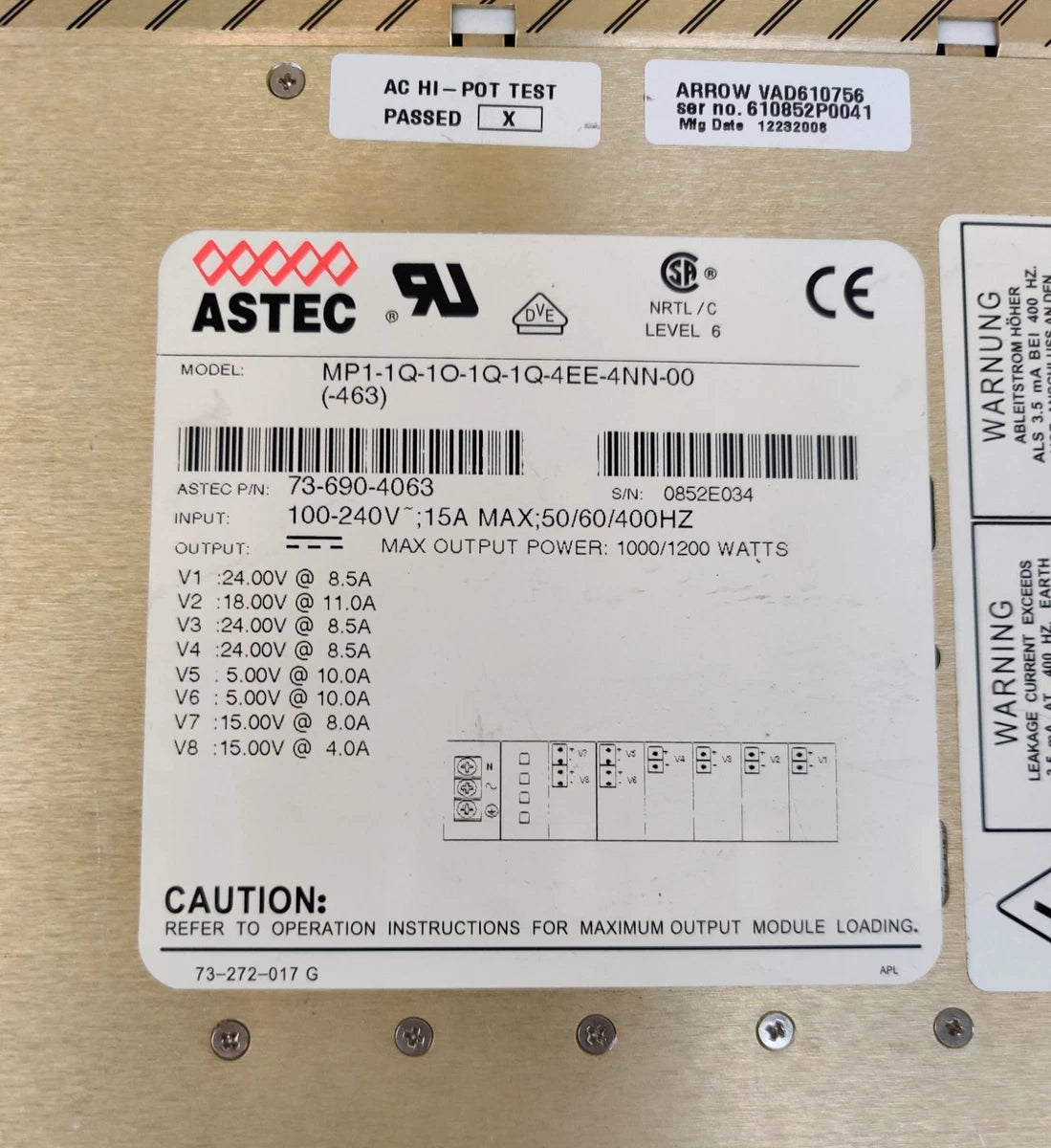 Astec MVP MP1 Power Supply 1000-1200W, 24V 18V 15V 5V 100/240V In Up to 400Hz