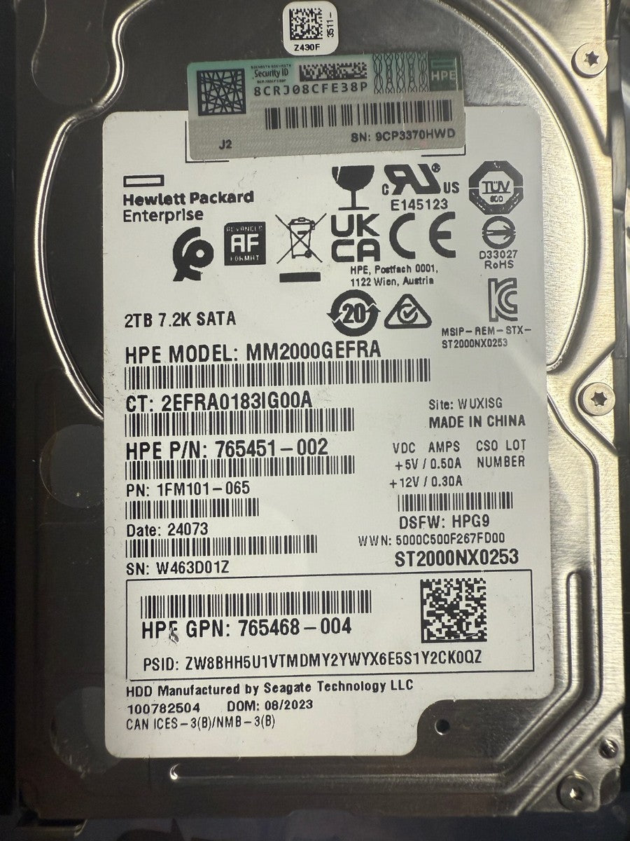 HP HPE GEN 10 2TB 2.5" SATA HARD DRIVE 765869-001 With Caddy, 100% Health