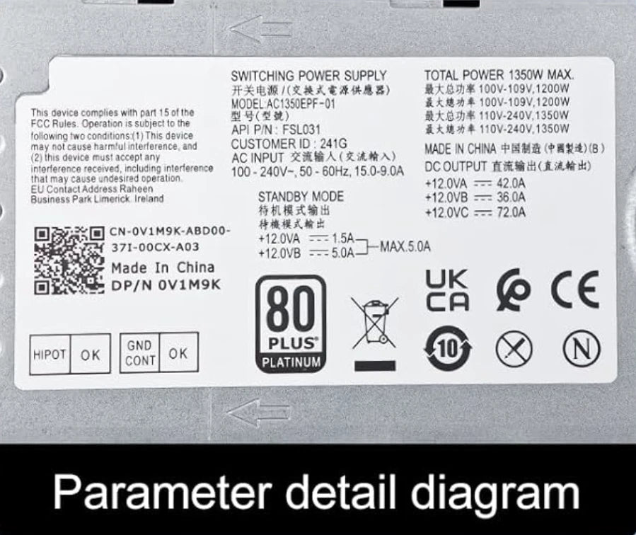 For Dell T3660 3680 R15 R16 1350W AC1350EPF-01 Power Supply KV63M 74HMF V1M9K|146861613651
