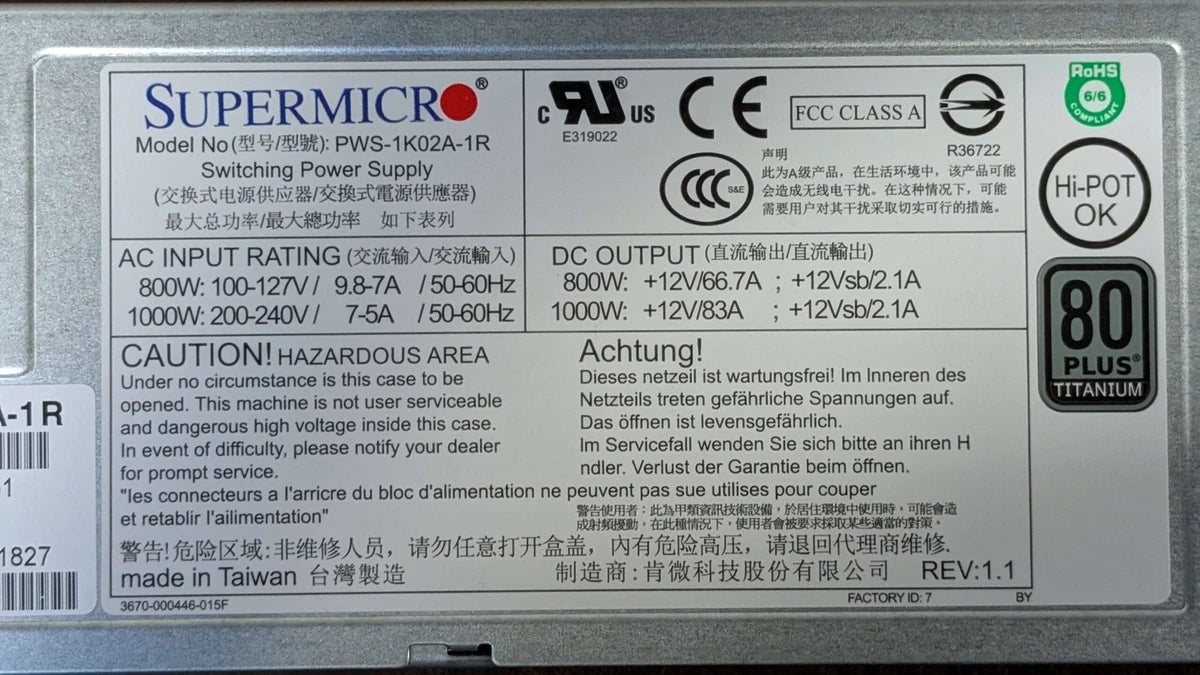 SuperMicro PWS-1K02A-1R 1000W 1U Redundant Power Supply|376177989242