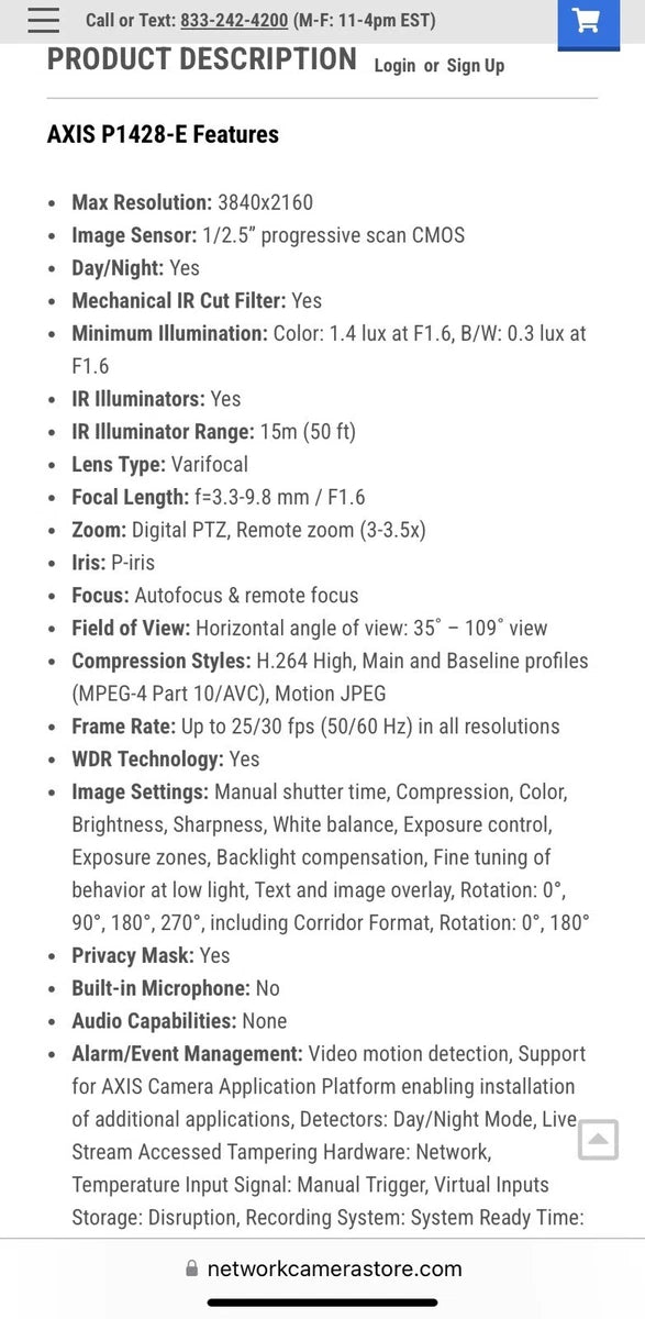 Axis P1428-E 4K Ultra HD Network Surveillance Camera 8.3 MP Day Night 0637-001|266216955625