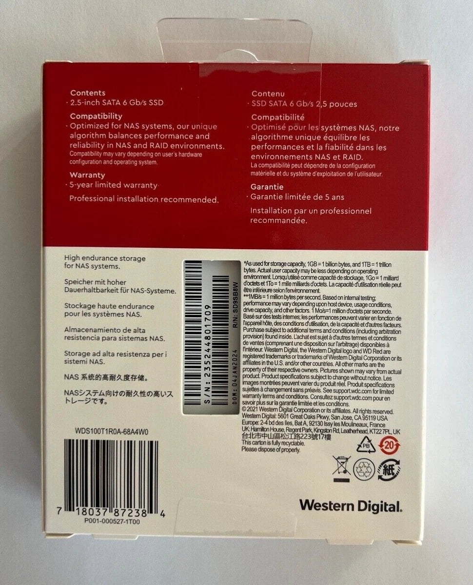 NEW! WESTERN DIGITAL RED WDS100T1R0A 1TB 2TB SOLID STATE DRIVE 2.5 INTERNAL SATA