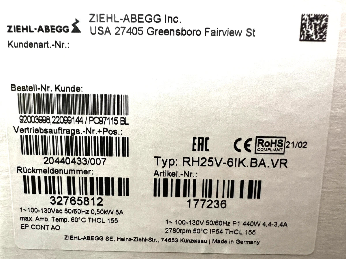 Ziehl-Abegg RH25V-6IK.BA.VR ECBlue 100-130VAC 2780RPM Centrifugal Fan Art#177236|395384667089
