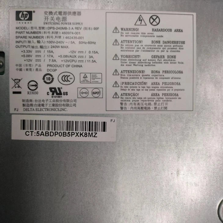 HP 240W Power Supply for SFF DC5800 DC5850 DC7900 Series DPS-240MB-3 A|197301059173