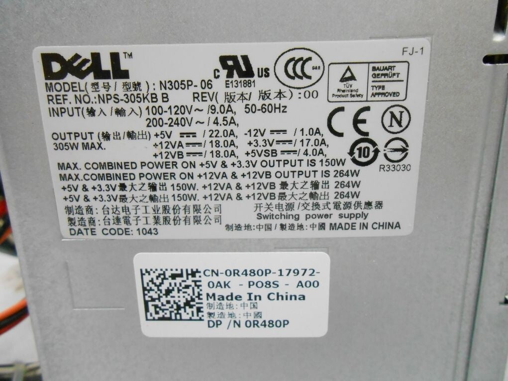 Dell R480P 305W Power Supply N305P-06 NPS-305KB PowerEdge T110 Optiplex 745 755|324267765180