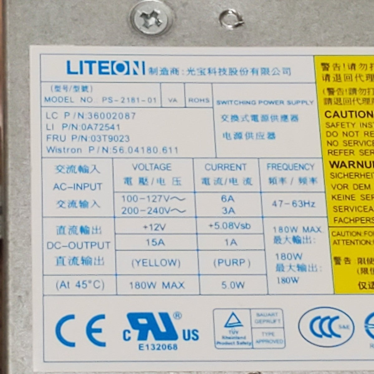 Lenovo 03T9023 ThinkCentre Edge 91Z LITEON PS-2181-01 180W Power Supply 0A72541|157132258906