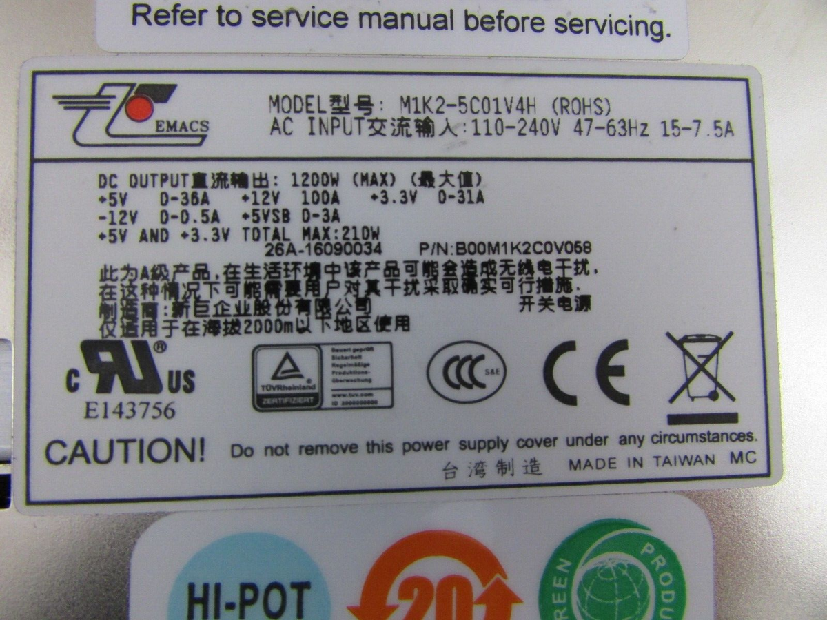 Zippy EMACS M1K2-5C01V4H 1U 1200w Redundant Server Power Supply w/2 Pwr Modules|334857025717