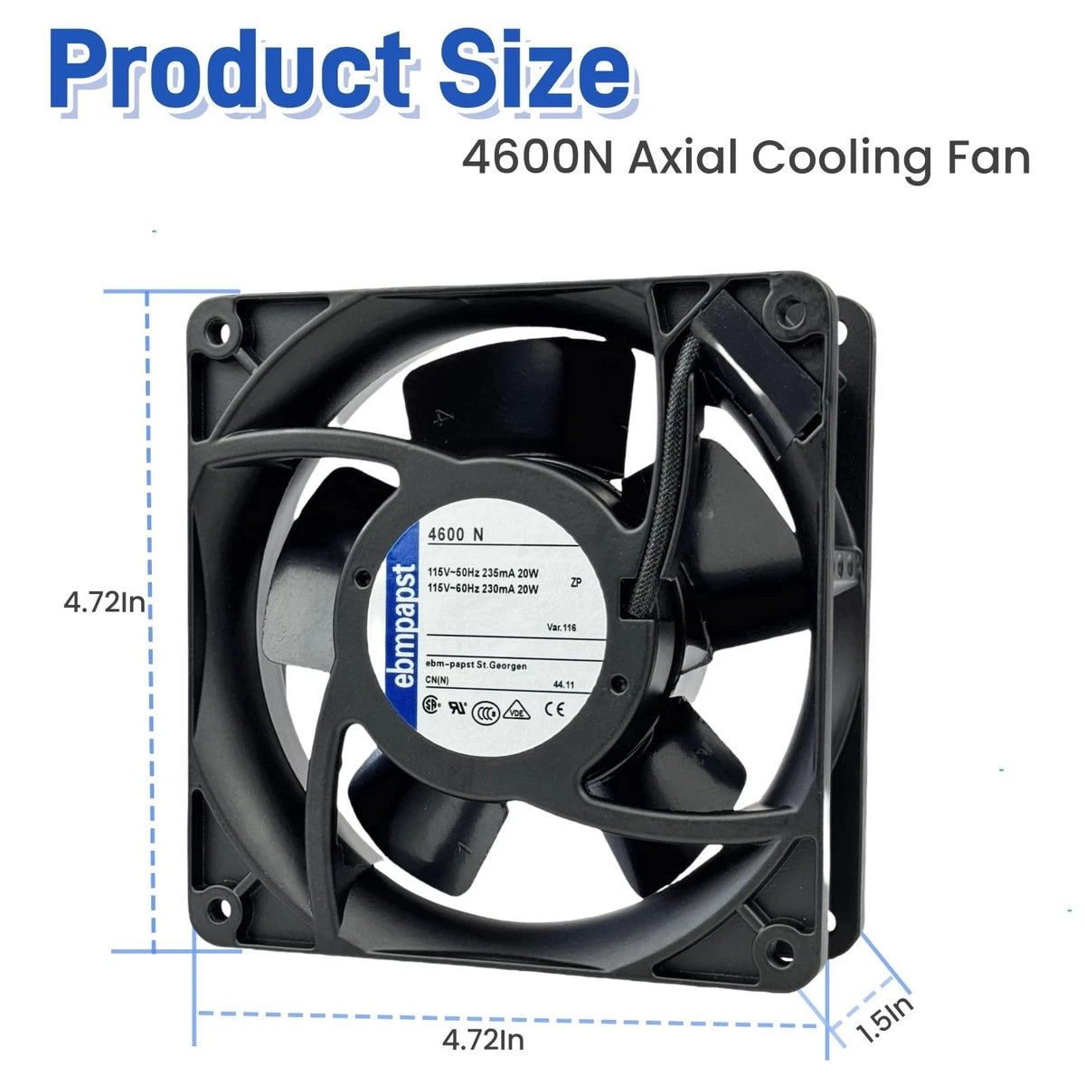 ebmpapst 4600N Axial Fan,115V 12038 Industrial Cooling Fan All-Metal Heat...