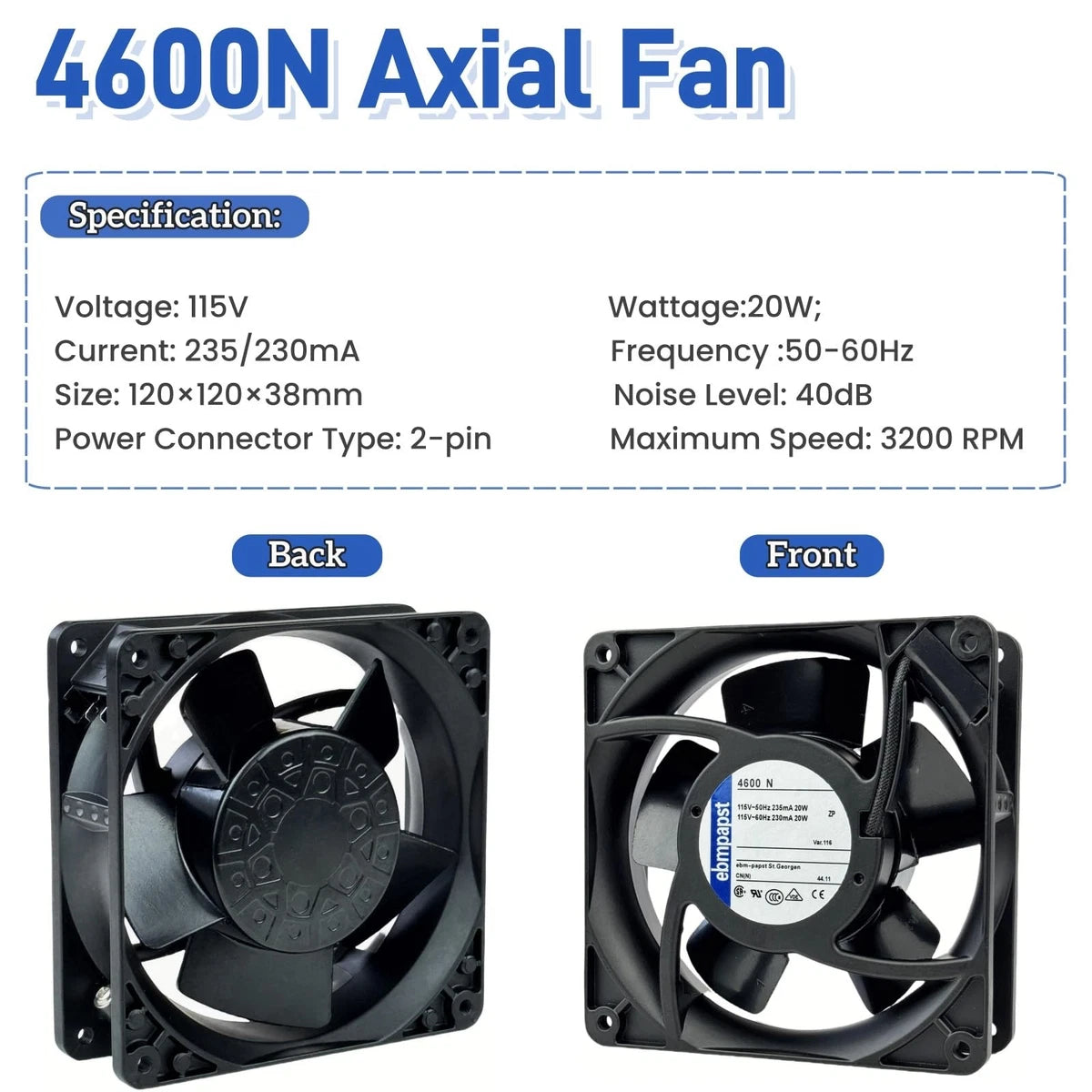 ebmpapst 4600N Axial Fan,115V 12038 Industrial Cooling Fan All-Metal Heat...