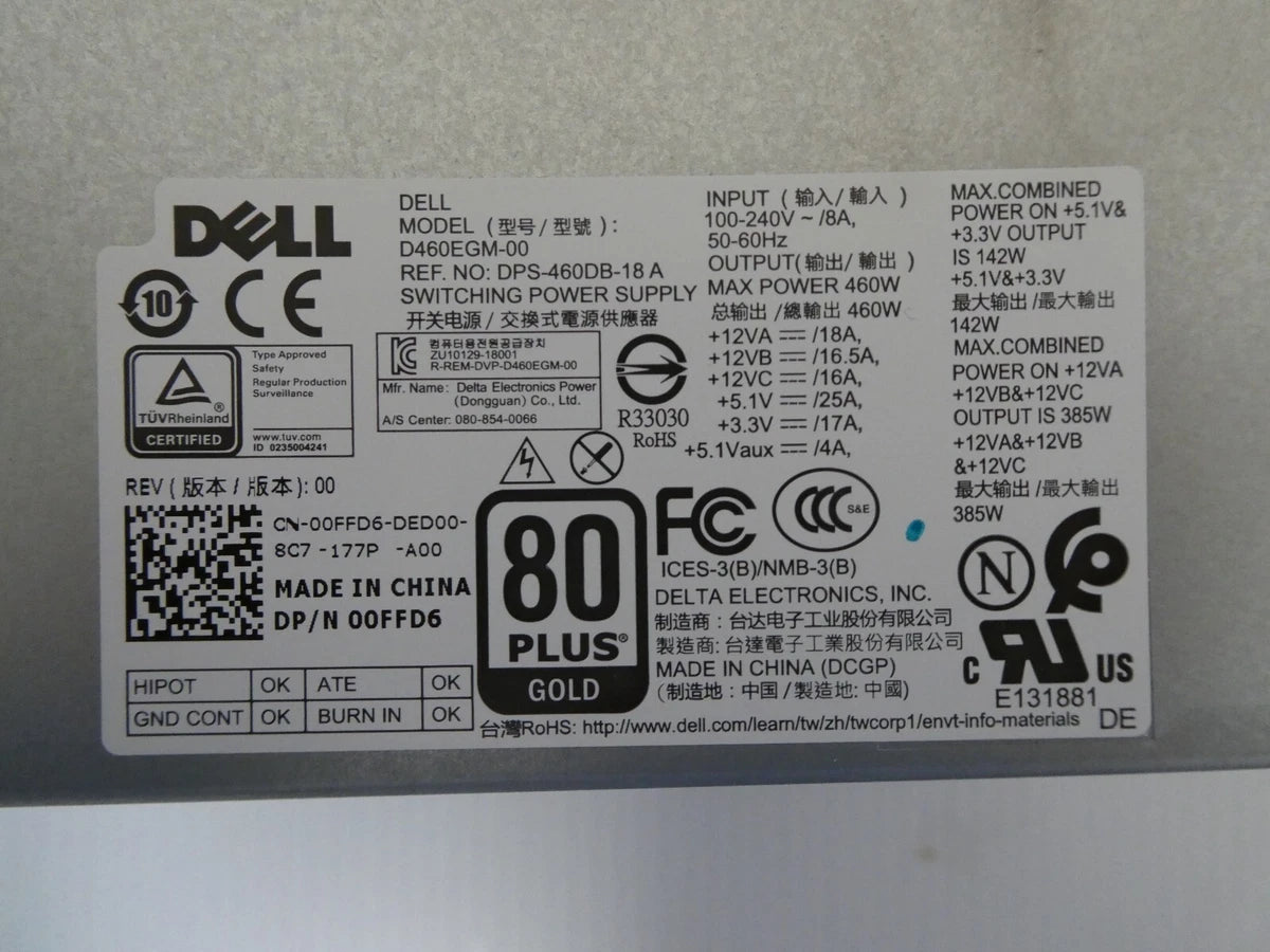 Dell Precision 3630 Mini Tower Power Supply 80 Plus Gold D460EGM-00 0FFD6 00FFD6|326002552357