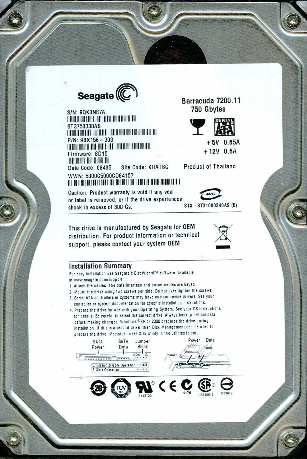 Seagate 750GB 7200.11rpm SATA II 3Gb/s 32MB Buffer Hard Drive - ST3750330AS (Like New)
