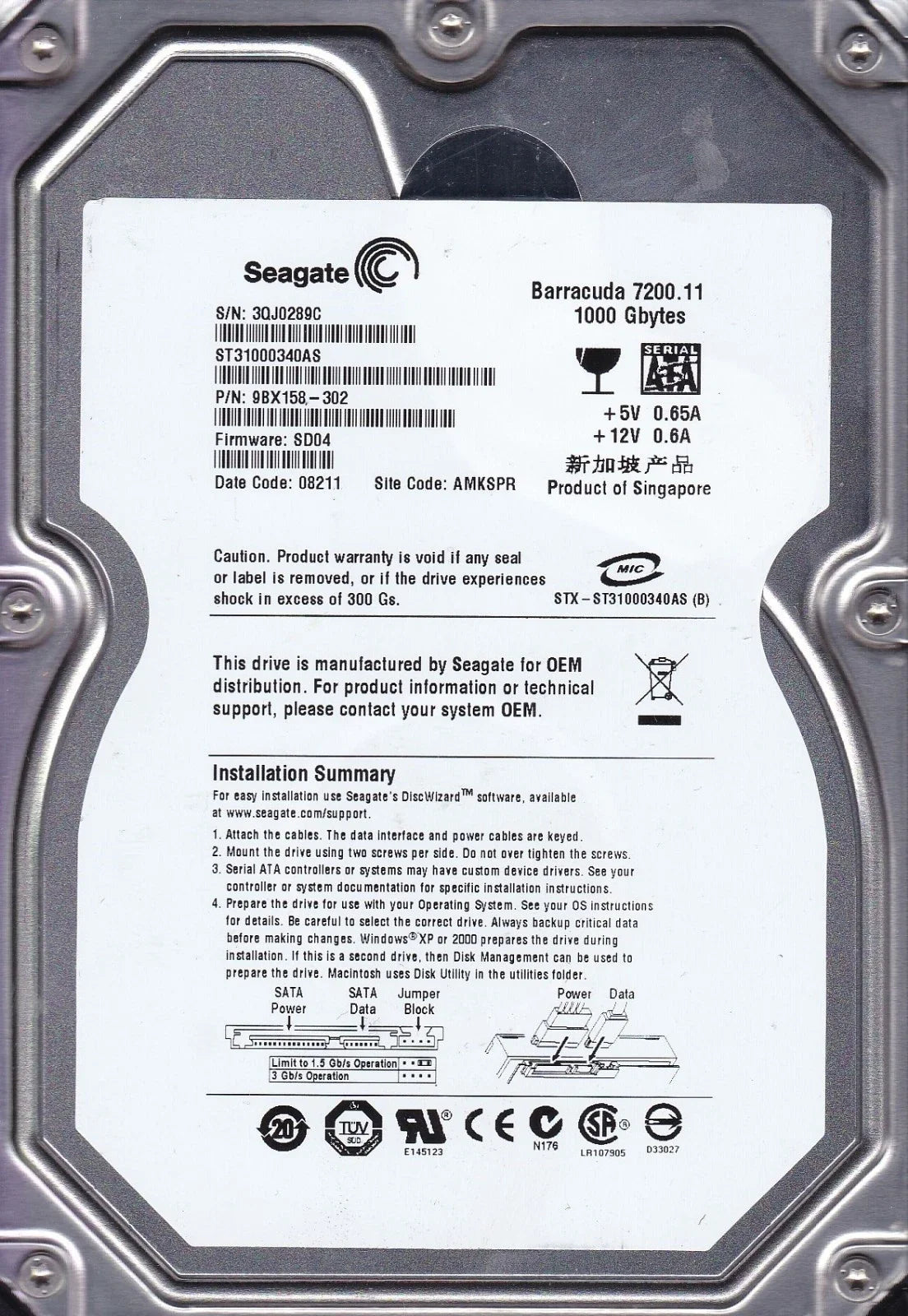 Seagate 1TB 7200.11rpm 32MB Cache SATA 3G Desktop Hard Drive - ST31000340AS (Like New)