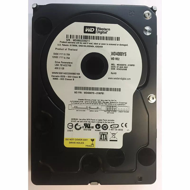 Western Digital 400GB WD4000YS-01MPB1 RE2 (DCM: HCHCAJAAB) 7200 RPM 16MB Cache SATA 3.0Gb/s 3.5" Hard Drive - WD4000YS