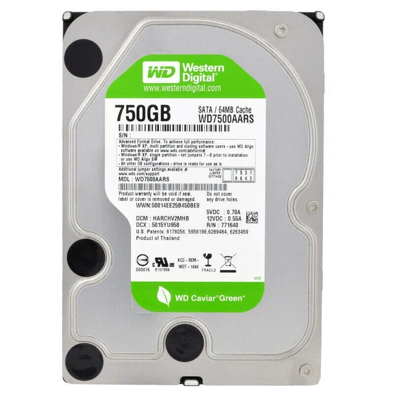 Western Digital 750GB Caviar Green IntelliPower 64MB Cache SATA 3.0Gb/s 3.5" Internal Hard Drive - WD7500AARS
