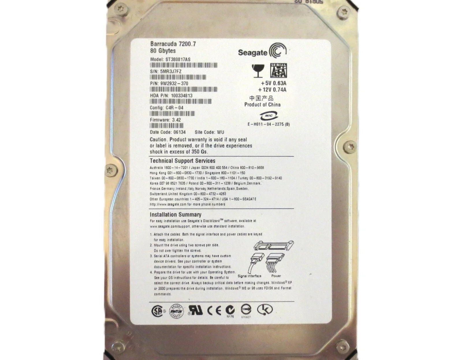 Seagate 80GB 7200.7rpm 8MB Cache SATA 1.5Gb/s 3.5" Internal Hard Drive - ST380817AS (Like New)