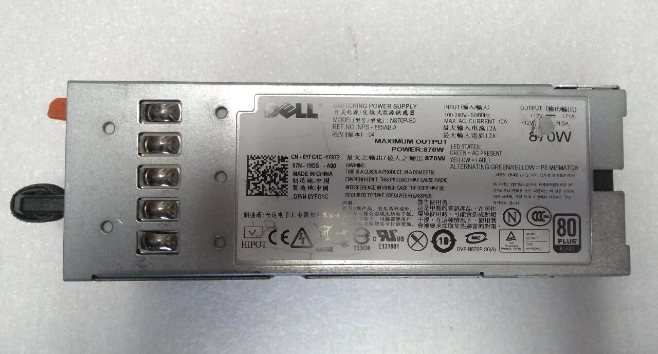 Dell OEM Poweredge R710 T610 870W Power Supply N870P-S0 NPS-885AB A YFG1C|225610393023