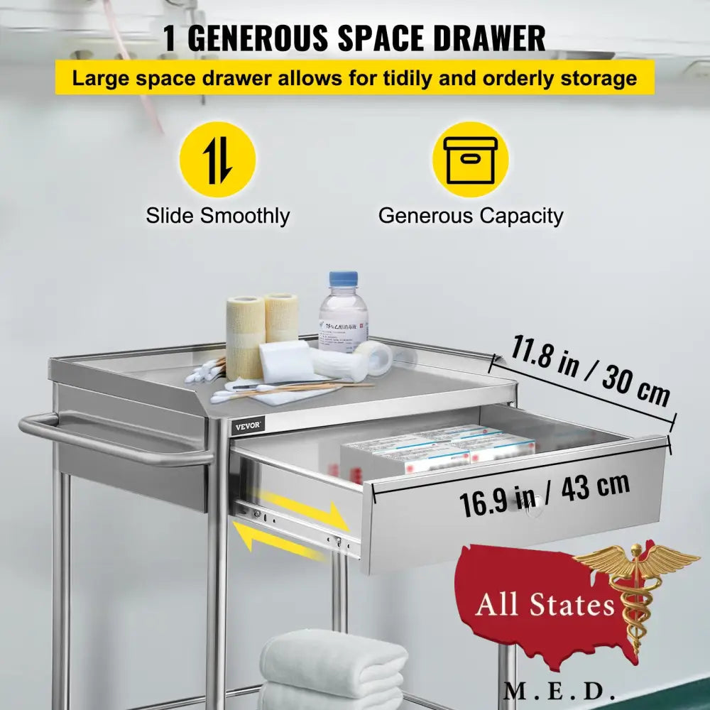 Stainless Steel Medical Cart with Drawer