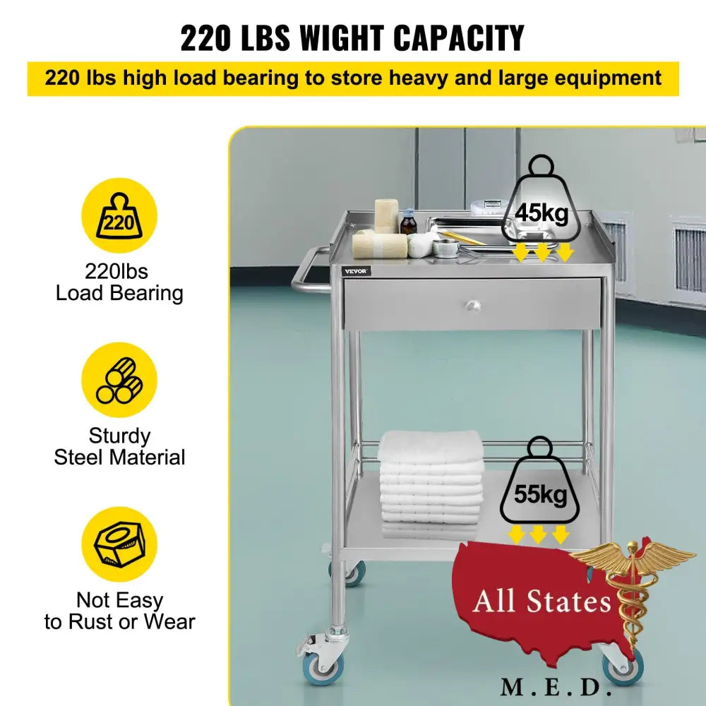 Stainless Steel Medical Cart with Drawer