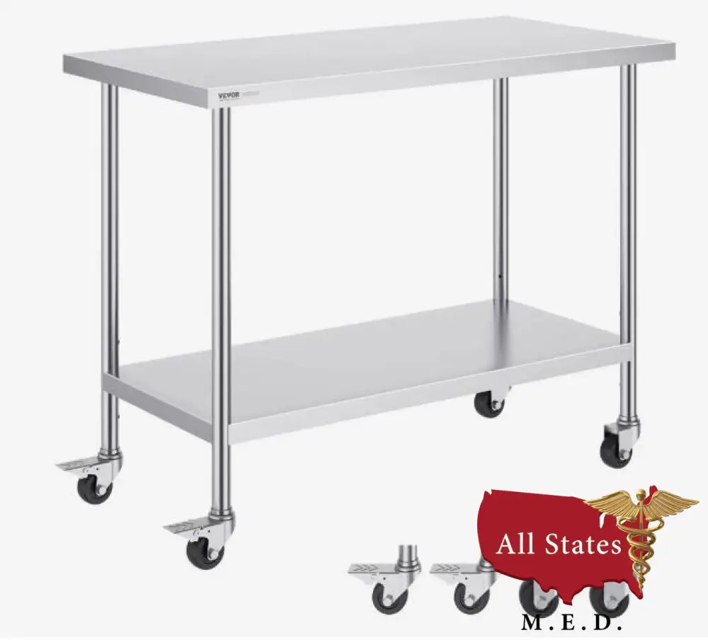 Stainless Steel Work Table 24 x 48 x 38 Inch, with 4 Wheels, 3 Adjustable Height Levels