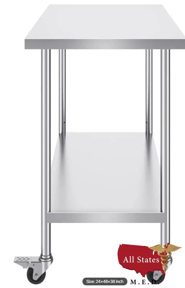 Stainless Steel Work Table 24 x 48 x 38 Inch, with 4 Wheels, 3 Adjustable Height Levels