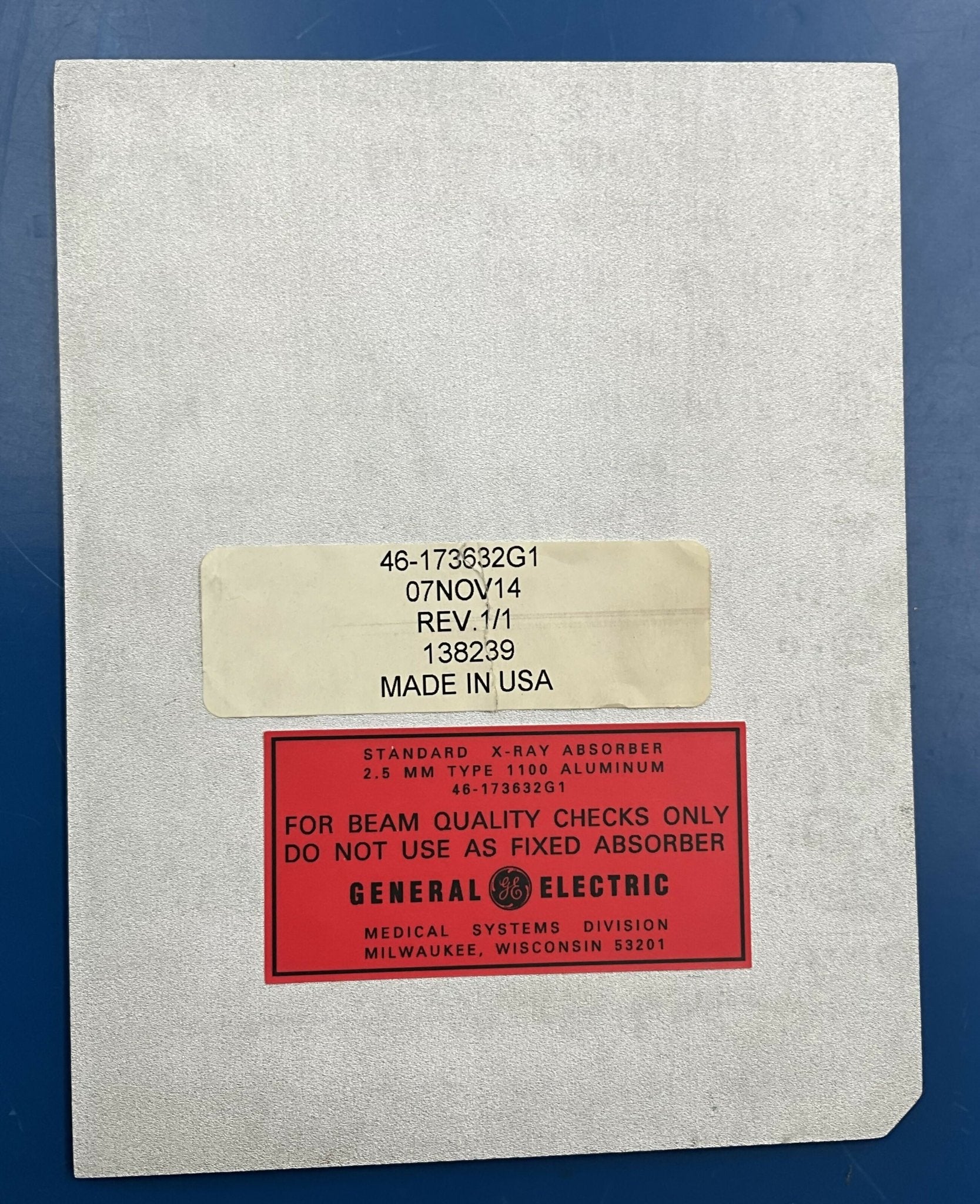 Standard X-Ray Absorber, 2.5mm Type 1100 (AL (46-173632G1 (REV 1/1 GE