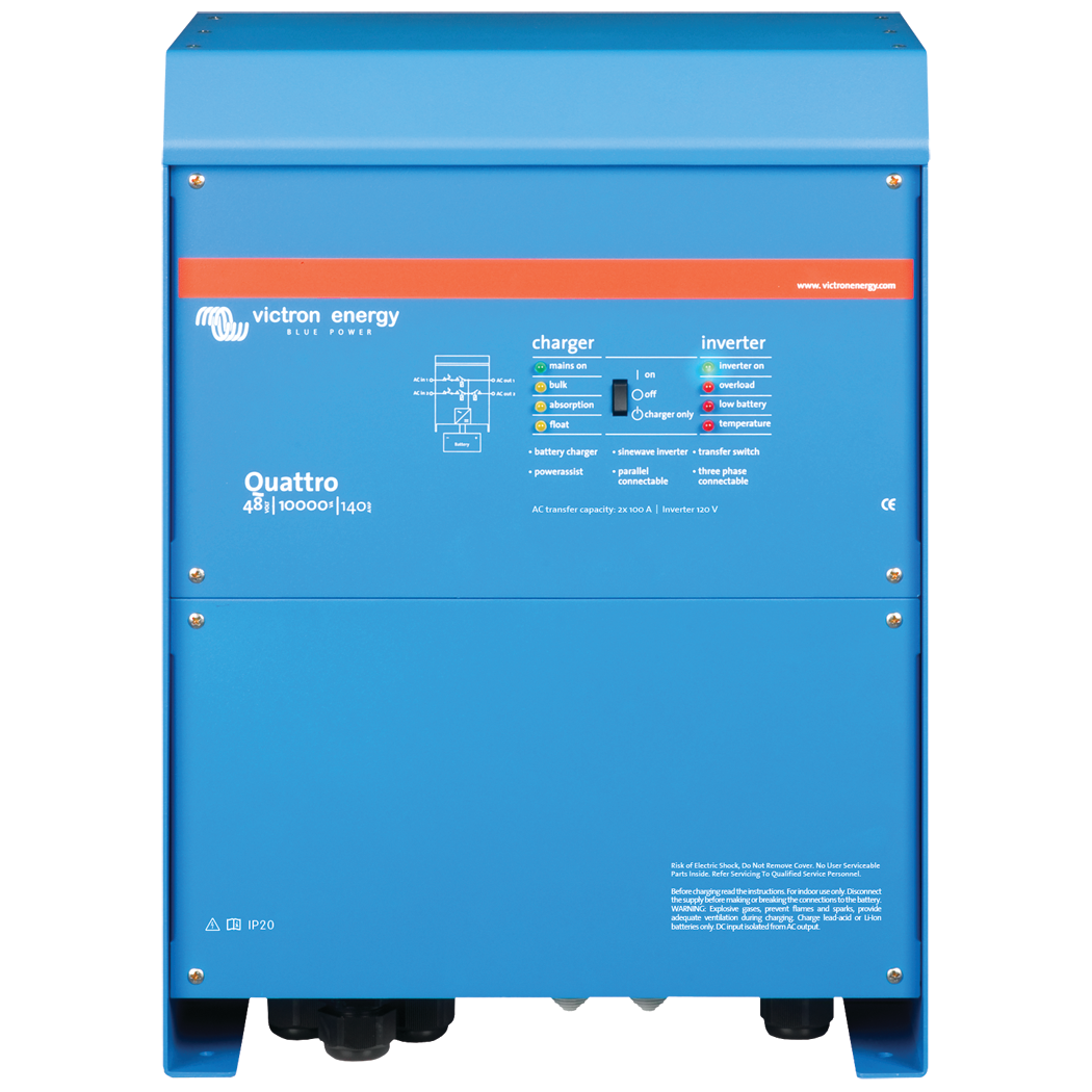 Victron Quattro Inverter/Charger 48 VDC - 10,000W - Dual 100AMP 120V AC Inputs - Auto Transfer Switch - 140AMP Battery Charger - Stackable