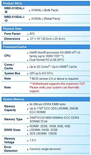 Supermicro X10DAL-I Socket LGA 2011 E5-2600 v3 Family C612 Max.512GB DDR4 10xSATA 5xPCIe 2x10GbE ATX Server Motherboard.