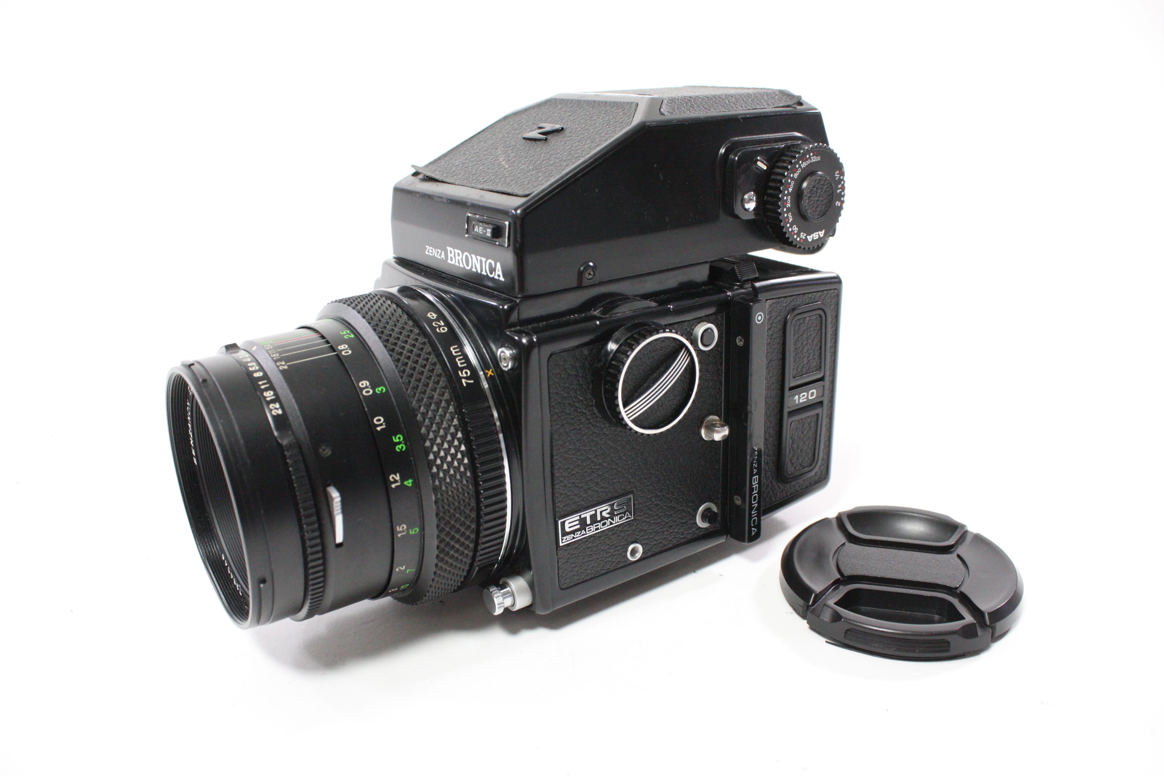 Zenza Bronica ETRS with Zenzanon EII 75mm f/2.8 Lens, 120 Film Back, and AE Prism