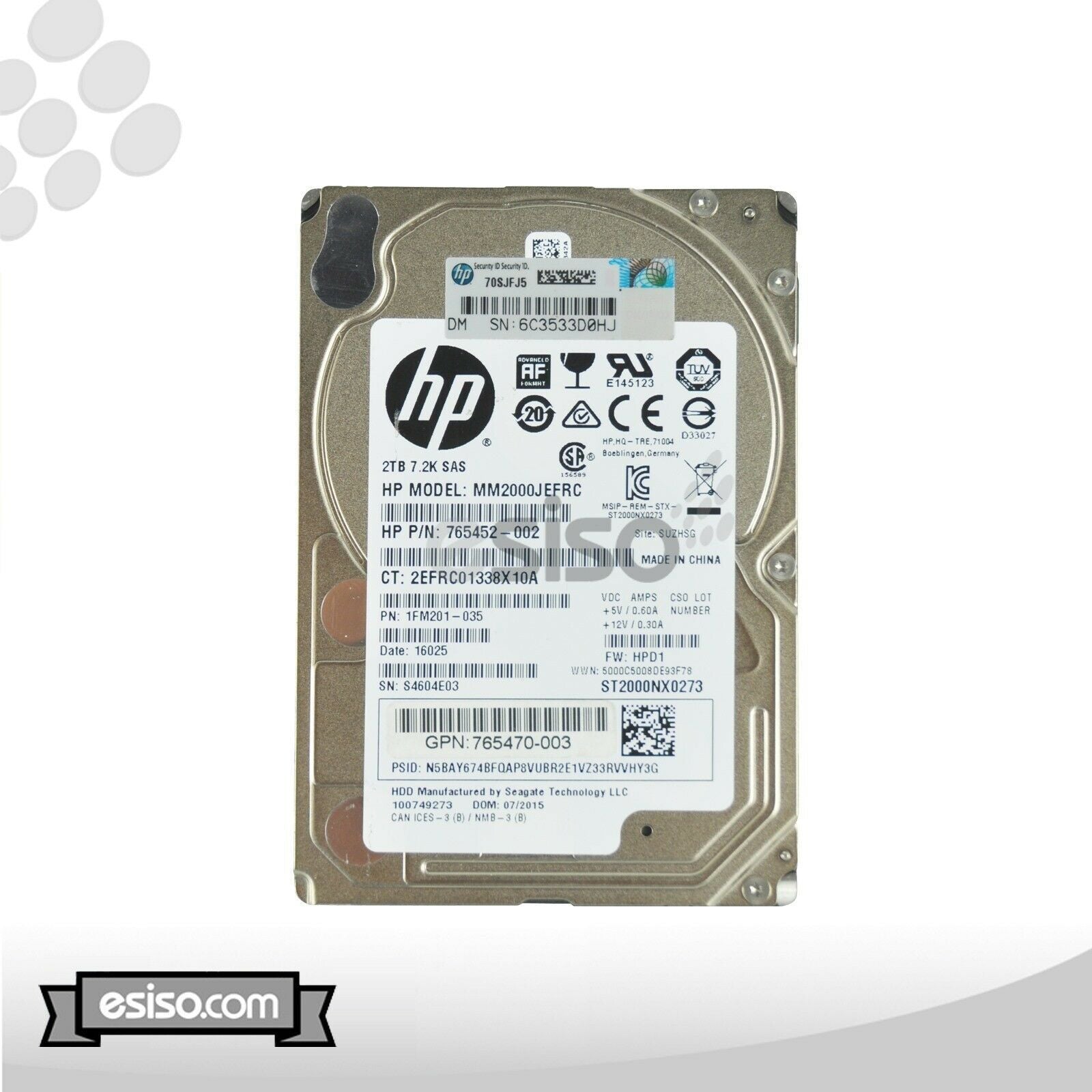 765452-002 MM2000JEFRC HP 2TB 12G 7.2K SFF 2.5'' SAS HDD HARD DRIVE - AloinfoUSA