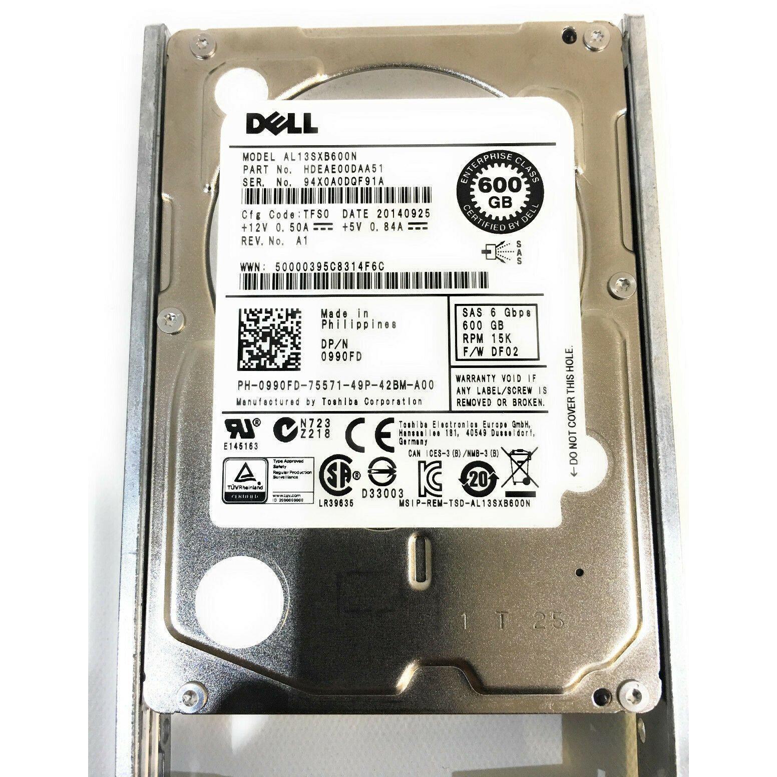 990FD 0990FD NEW DELL AL13SXB600N HDEAE00DAA51 600GB 2.5" 15K 6G SAS HDD + CADDY - AloinfoUSA