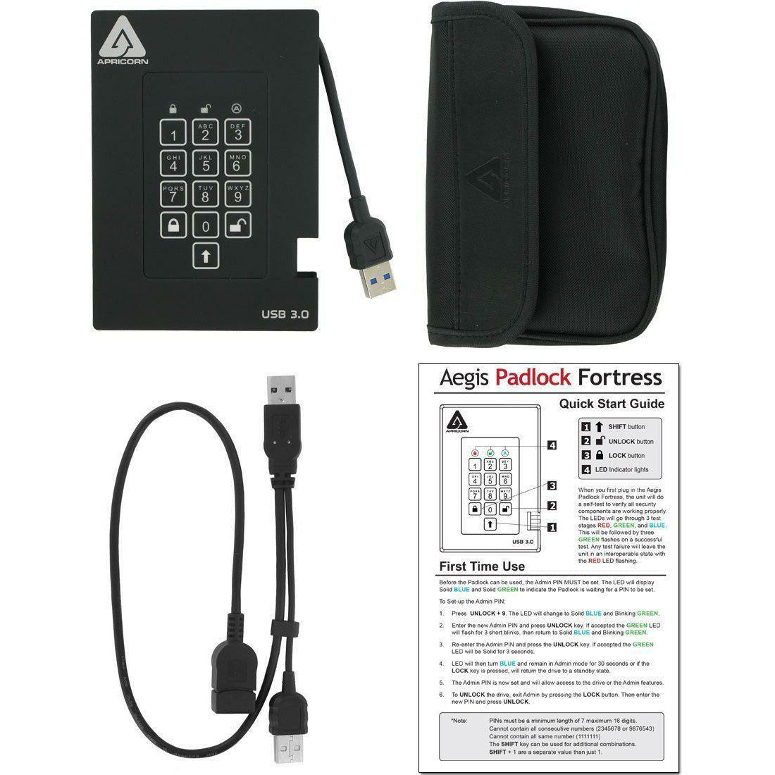 Apricorn Aegis Padlock Fortress FIPS 140-2 Level 2 Validated 256-bit Encrypted USB 3.0 Hard Drive with PIN Access, 1 TB - AloinfoUSA