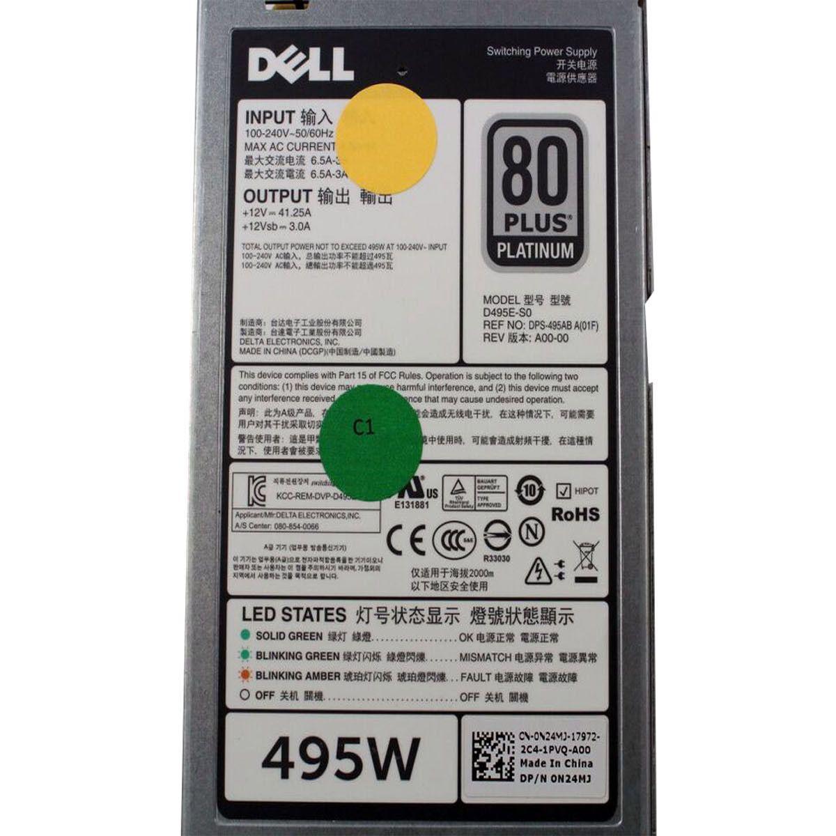 Fuente Dell 495W 80 Plus Platinum Power Supply T320 T420 T620 R620 D495E-S0 N24MJ 614486674527 - AloinfoUSA