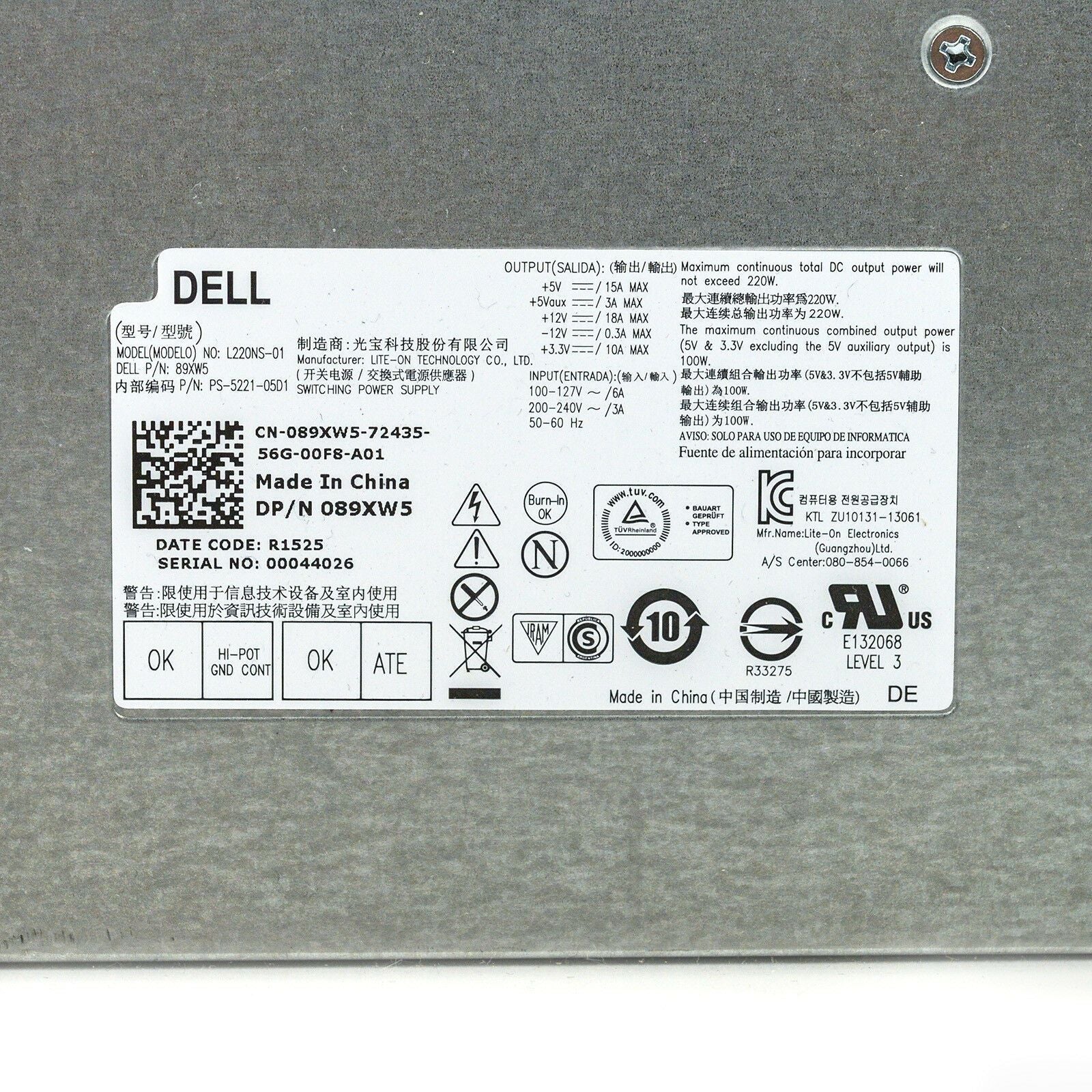 Genuine Dell Inspiron 3647 660S 220W Power Supply 650WP 89XW5 L220NS-01 089xw5 ps-5221-0501 - AloinfoUSA