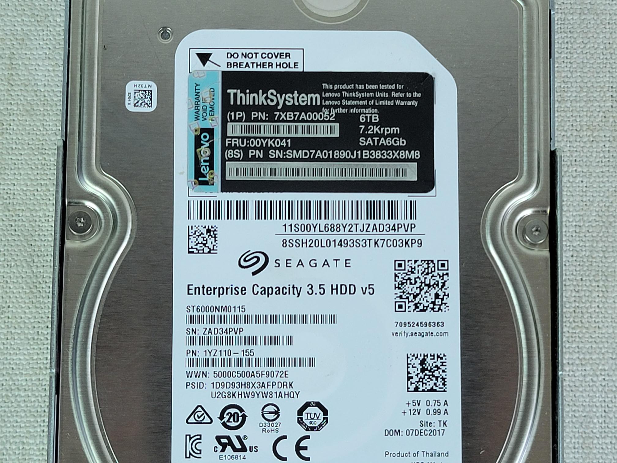 Lenovo 00YK041 6TB 7.2k 6Gb/s 3.5” 512e SATA Hard Drive ST6000NM0115