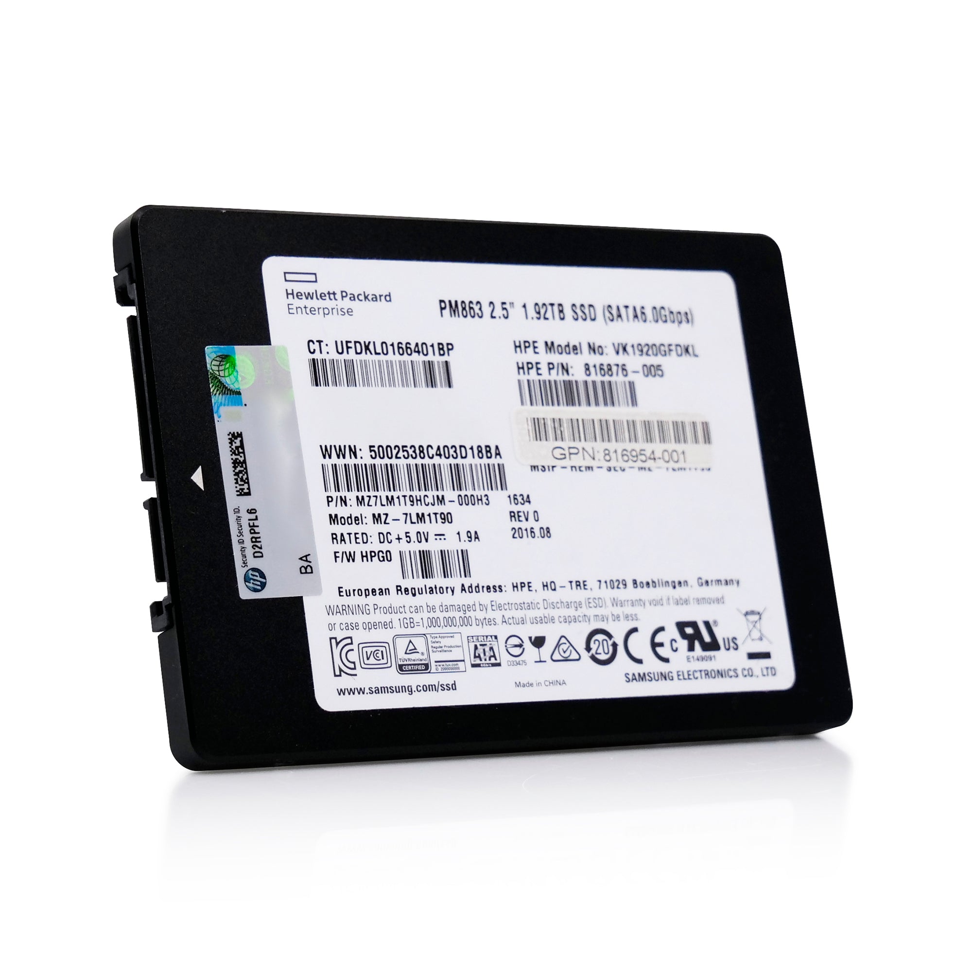 HP VK1920GFDKL 1.92TB SATA 6Gb/s 3D TLC 2.5in Refurbished SSD