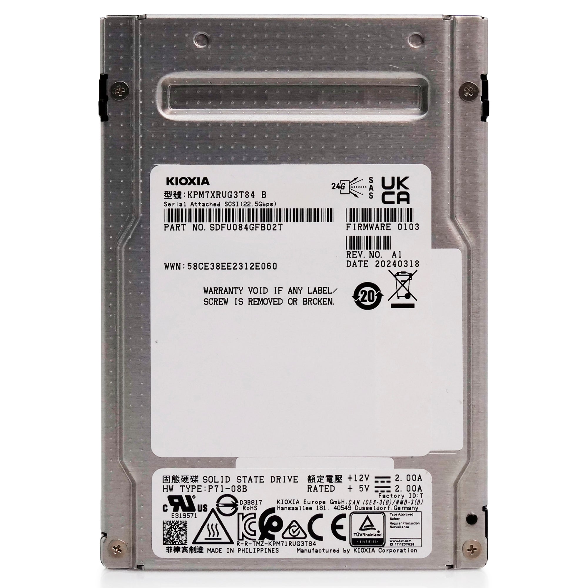 Kioxia PM7-R KPM7XRUG3T84 3.84TB 1DWPD SAS 24Gb/s 3D TLC 2.5in Refurbished SSD