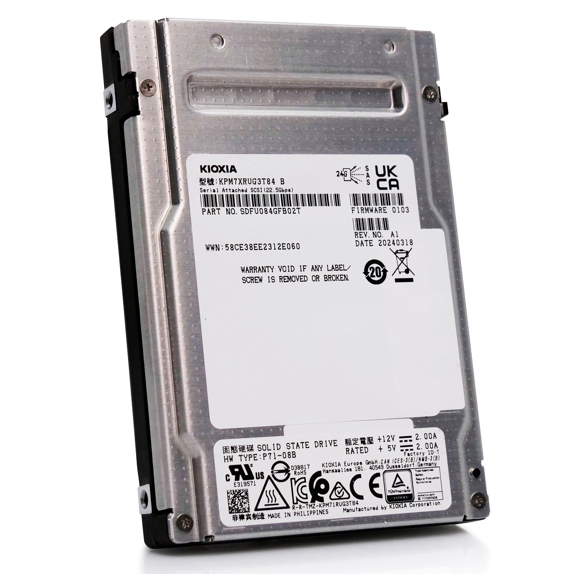 Kioxia PM7-R KPM7XRUG3T84 3.84TB 1DWPD SAS 24Gb/s 3D TLC 2.5in Recertified Solid State Drive