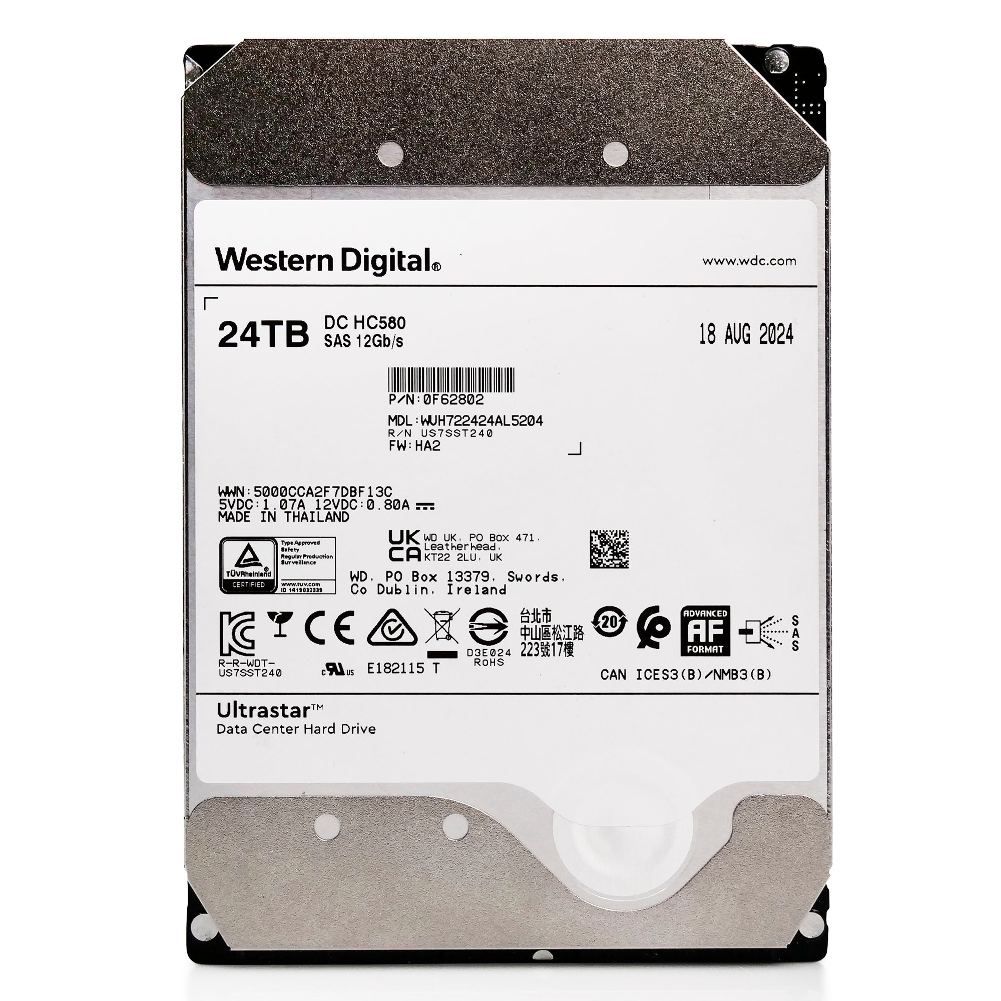 Western Digital Ultrastar DC HC580 WUH722424AL5204 24TB 7.2K RPM SAS 12Gb/s 512e 3.5in Refurbished HDD
