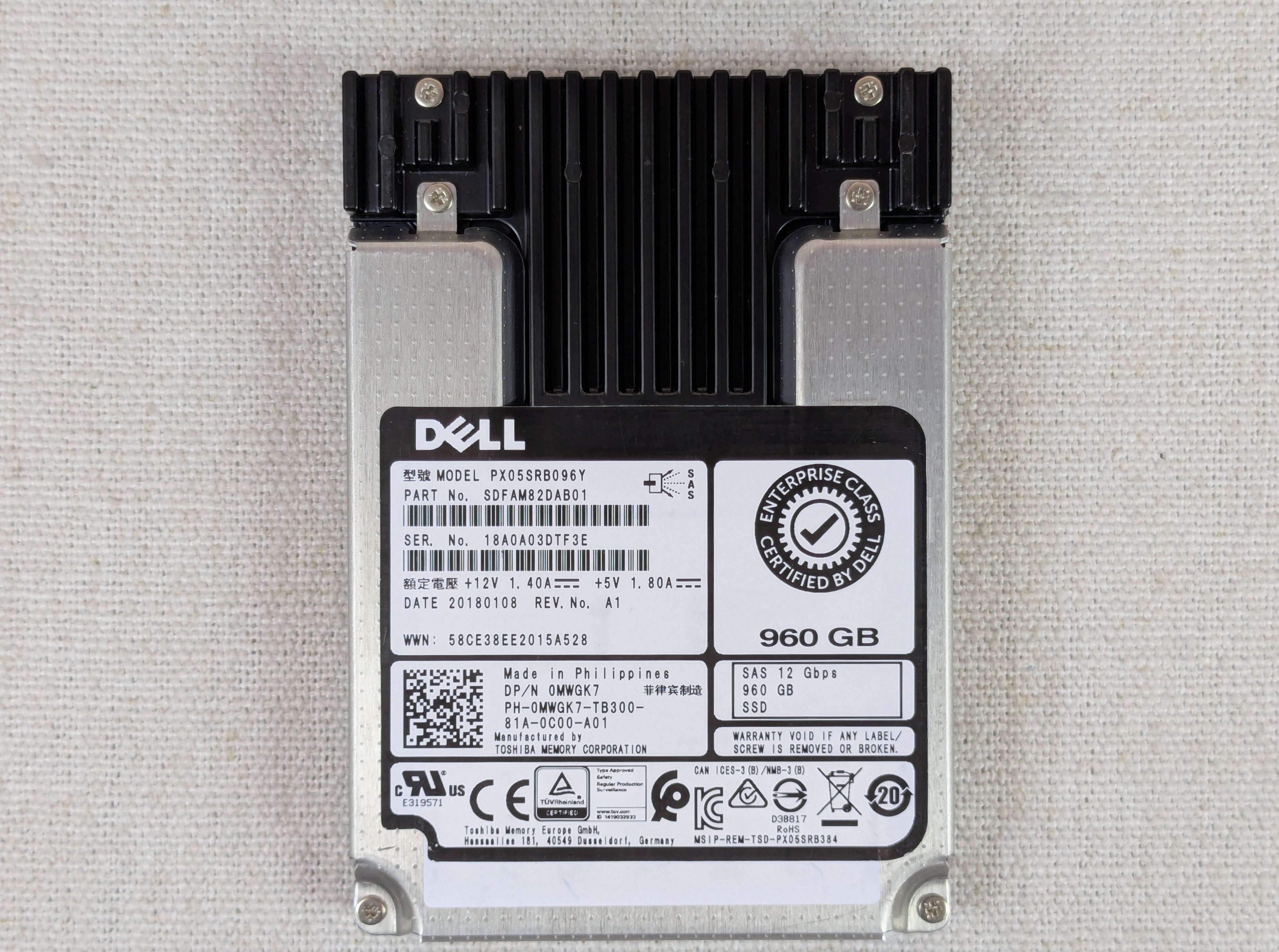 Dell MWGK7 960GB 12G 2.5" SAS RI SSD Toshiba PX05SRB096Y - No Tray 60-69% health