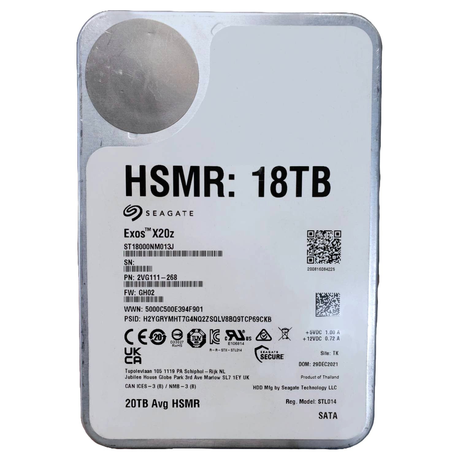 Seagate Exos X20z ST18000NM013J 18TB 7.2K RPM SATA 6Gb/s HSMR 512e 3.5in Refurbished HDD