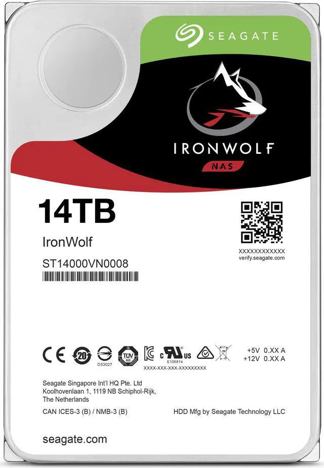 Seagate IronWolf 14TB NAS Hard Drive 7200 RPM 256MB Cache SATA 6.0Gb/s CMR 3.5" Internal HDD for RAID Network Attached Storage ST14000VN0008