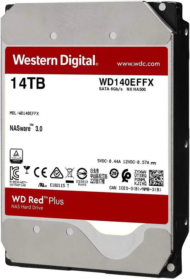 WD Red Plus 14TB NAS Hard Disk Drive - 5400 RPM Class SATA 6Gb/s, CMR, 512MB Cache, 3.5 Inch - WD140EFFX