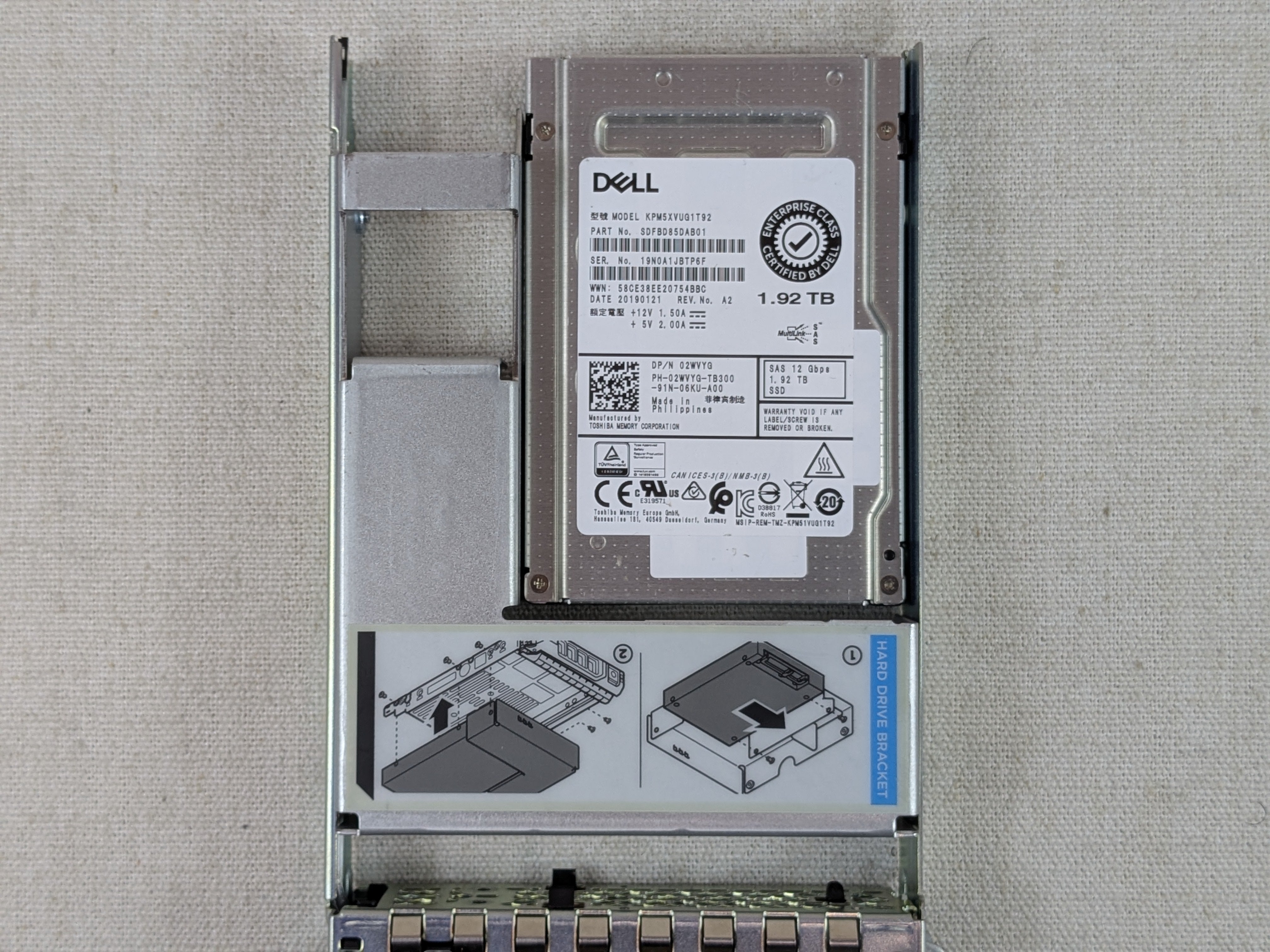 Dell 2WVYG 1.92TB 12Gb/s 2.5" SAS MU SSD KPM5XVUG1T92 3.5" Tray 28-35% health