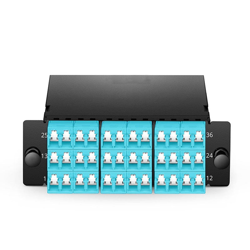 FHD MTP®-LC Cassette, OM4 Multimode, 36 Fibers, 3 x MTP®-12 (Male) to 18 x Shuttered LC Duplex (Aqua), 0.35dB max